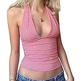 Women Gingham Top Halter V Neck Open Back Plaid Slim Crop Tank Tops Halloween Costume