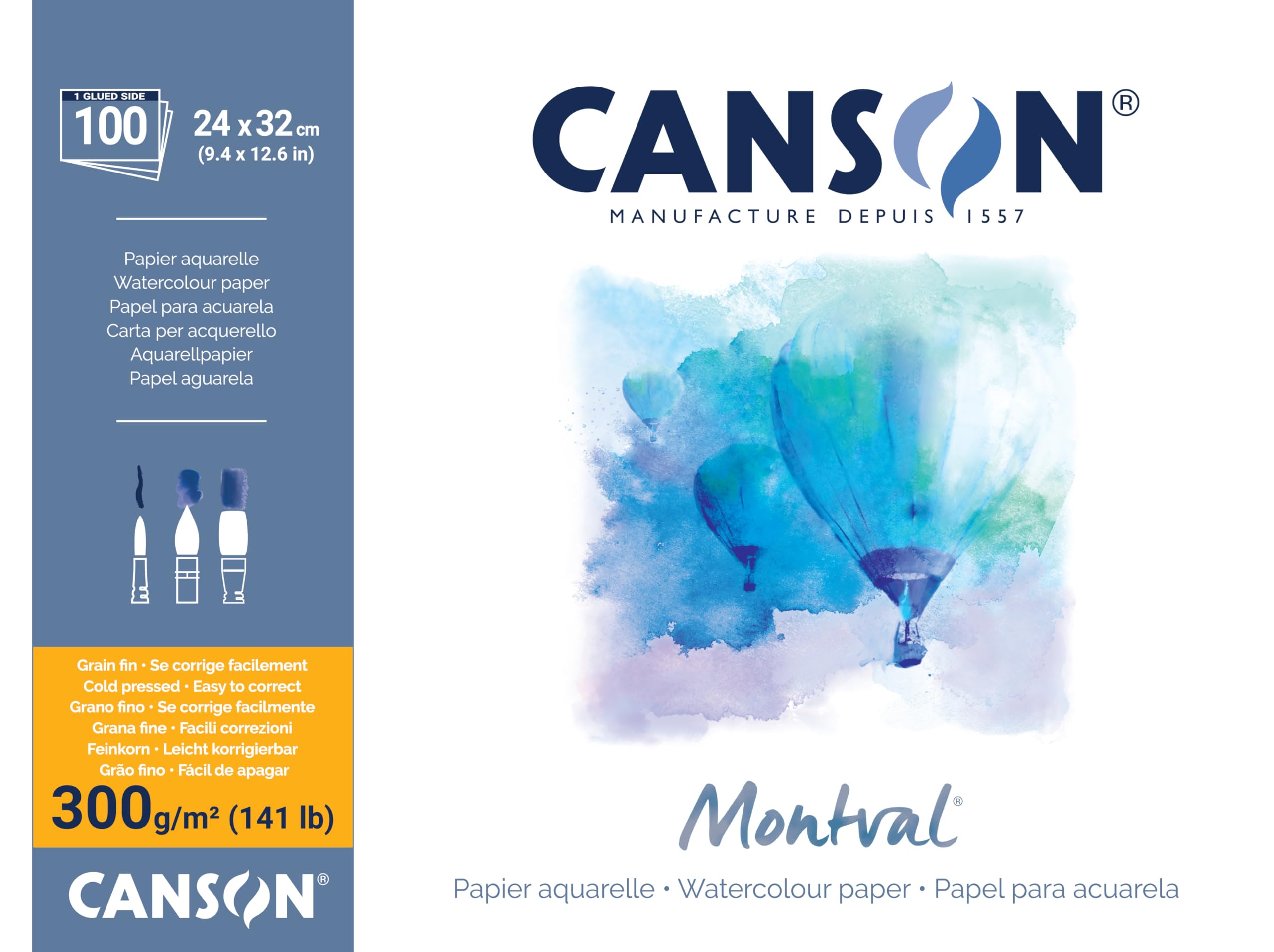 Canson Montval 300gsm watercolour practice paper pad including 100 sheets, size:24x32cm, natural white and Cold Pressed (Not)
