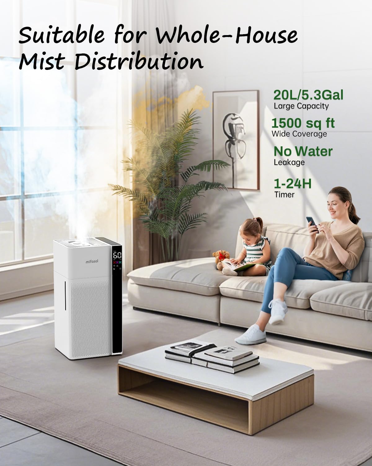 mifasol Humidifier Large Room, 5.3Gal/20L Whloe House Humidifiers for Home, Quickly & Evenly Humidify Larger Areas,Dual Mist Nozzles and Atomizers, Plant/Commercial/Greenhouse/Office, White