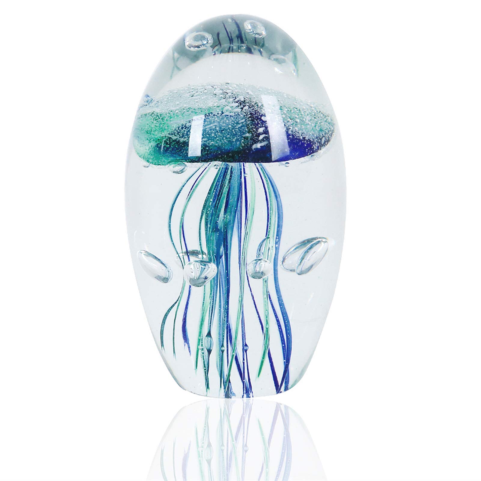 EUSTUMA Hand Blown Glass Jellyfish Figurine Ornament,Sea Animal Ornament for Fish Tank Aquarium,Sea Animals Collection for Birthday Gift,Glass Paperweight (Blue-green jellyfish 2)