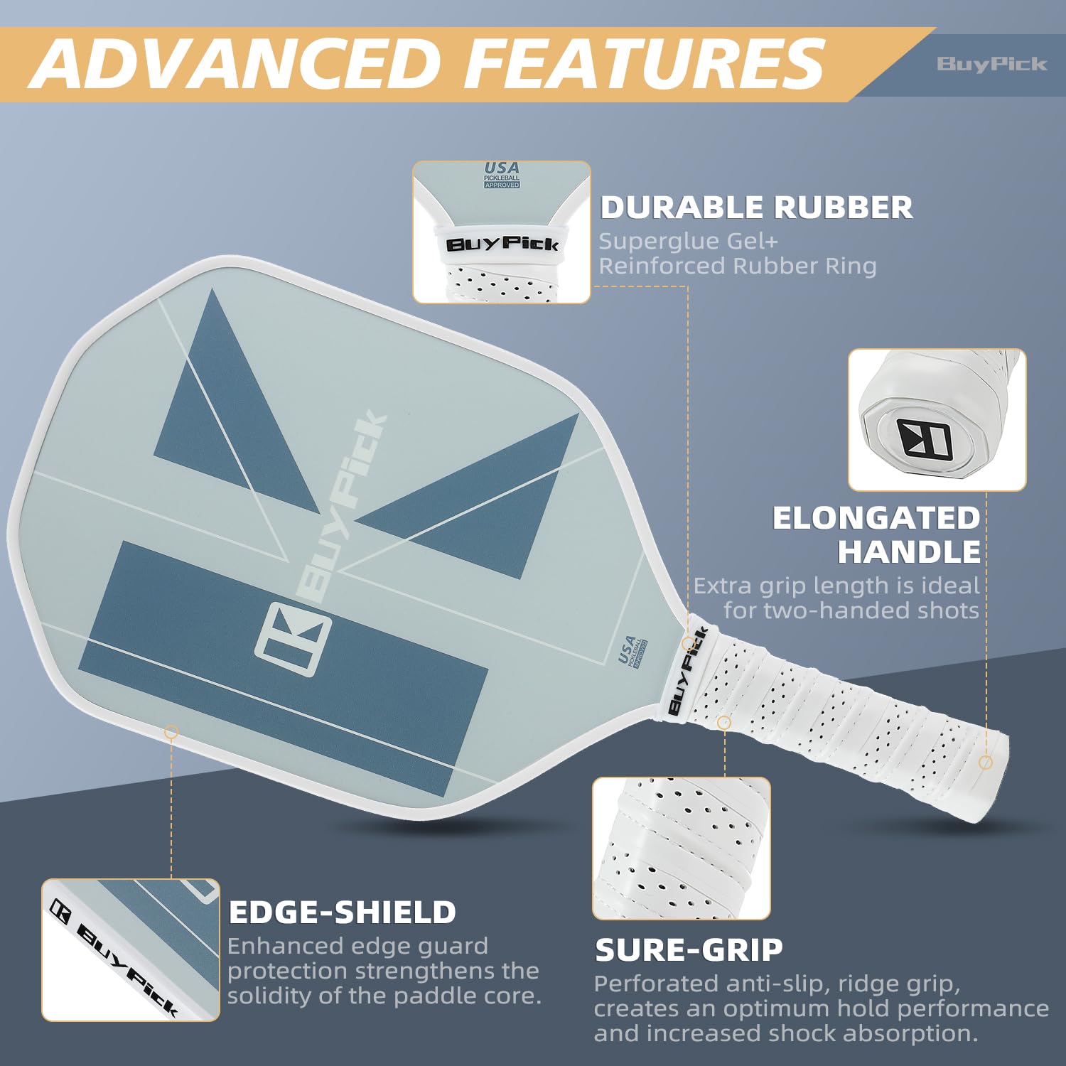 Pickleball Paddle, Carbon Fiber Surface with Reinforced 16mm Polypropylene Honeycomb Core, Perforated Grip, USA Pickleball Approved,2 Pickleball Paddle with 4 PE Balls& 1 Bag
