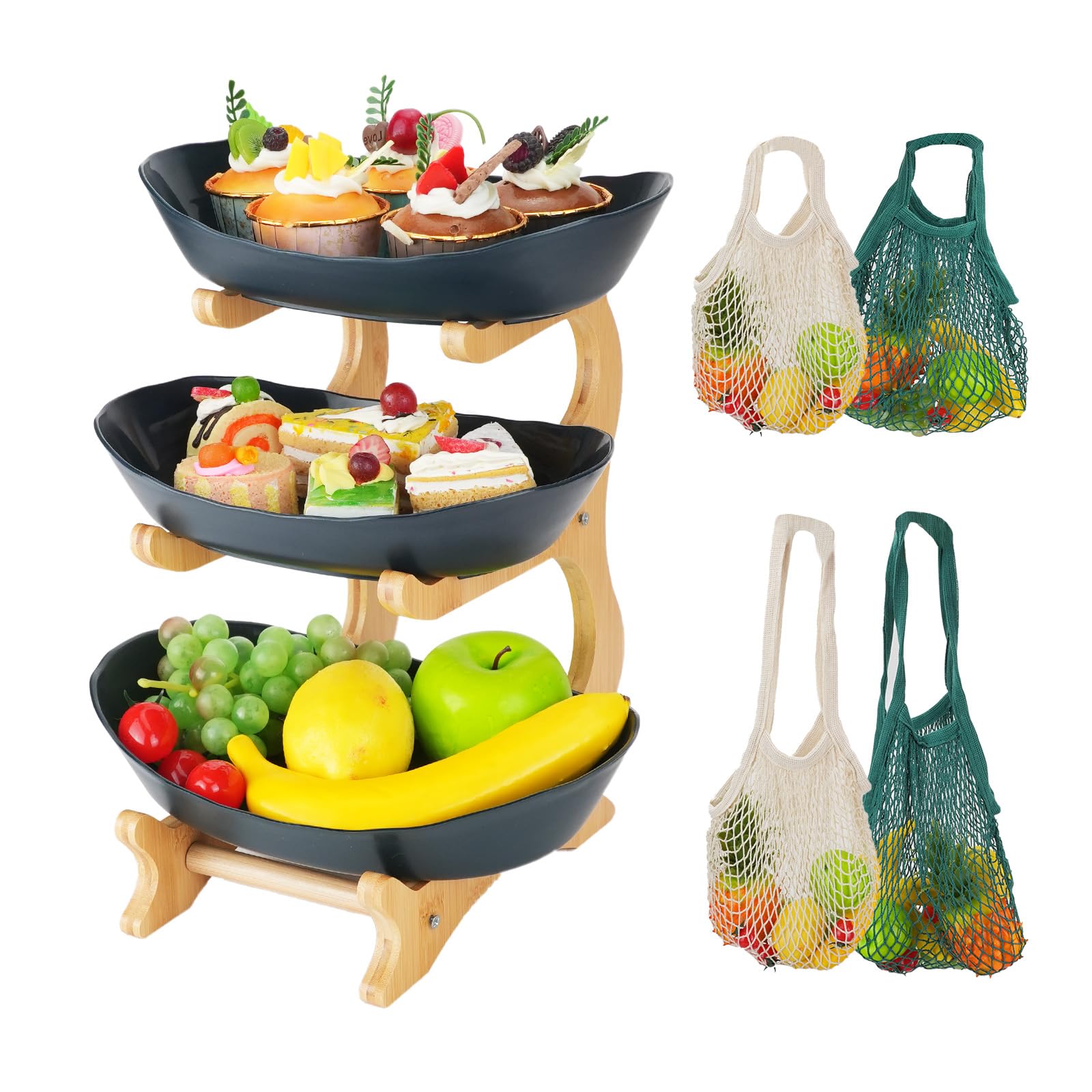 Photo 1 of 3 Tiered Fruit Basket with 4Pcs String Bags, Plastic Wooden Frame Candy Plate, Decorative Tiered Fruit Basket for Vegetable Storage, Snack Dessert Cake Tray Plate Rack for Party Wedding