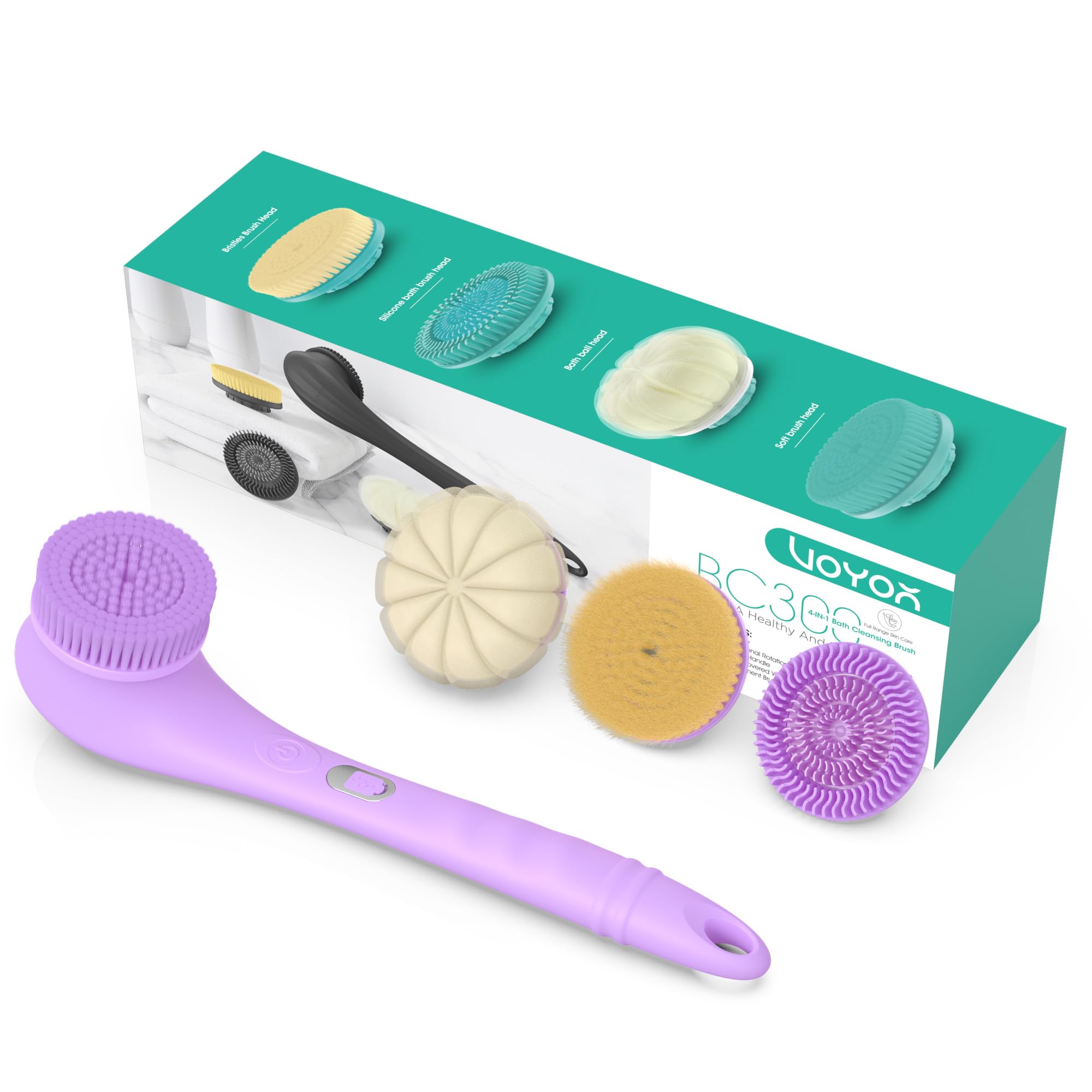 VOYOR Electric Body Scrubber - Two-Way Rotating Brush Head, 4 Accessories, IPX6 Waterproof, Rechargeable Cordless, Long Handle Bath Brush BC300 (Purple)