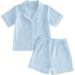 Biayxms Toddler Baby Boy Girl Striped Pajamas Set Cotton Short Sleeve Button Down Shirt Tops and Shorts Matching 2PCS PJS Set