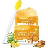 Turmeric Lemon Lip Scrub with Brush, Lip Scrubber Exfoliator for Dark Lips, Dry, Chapped Lips, Reduce Fine Lines, Natural Nourish Sugar Lip Scrub with Aloe Vera, Deep Hydration Moisturization 100g