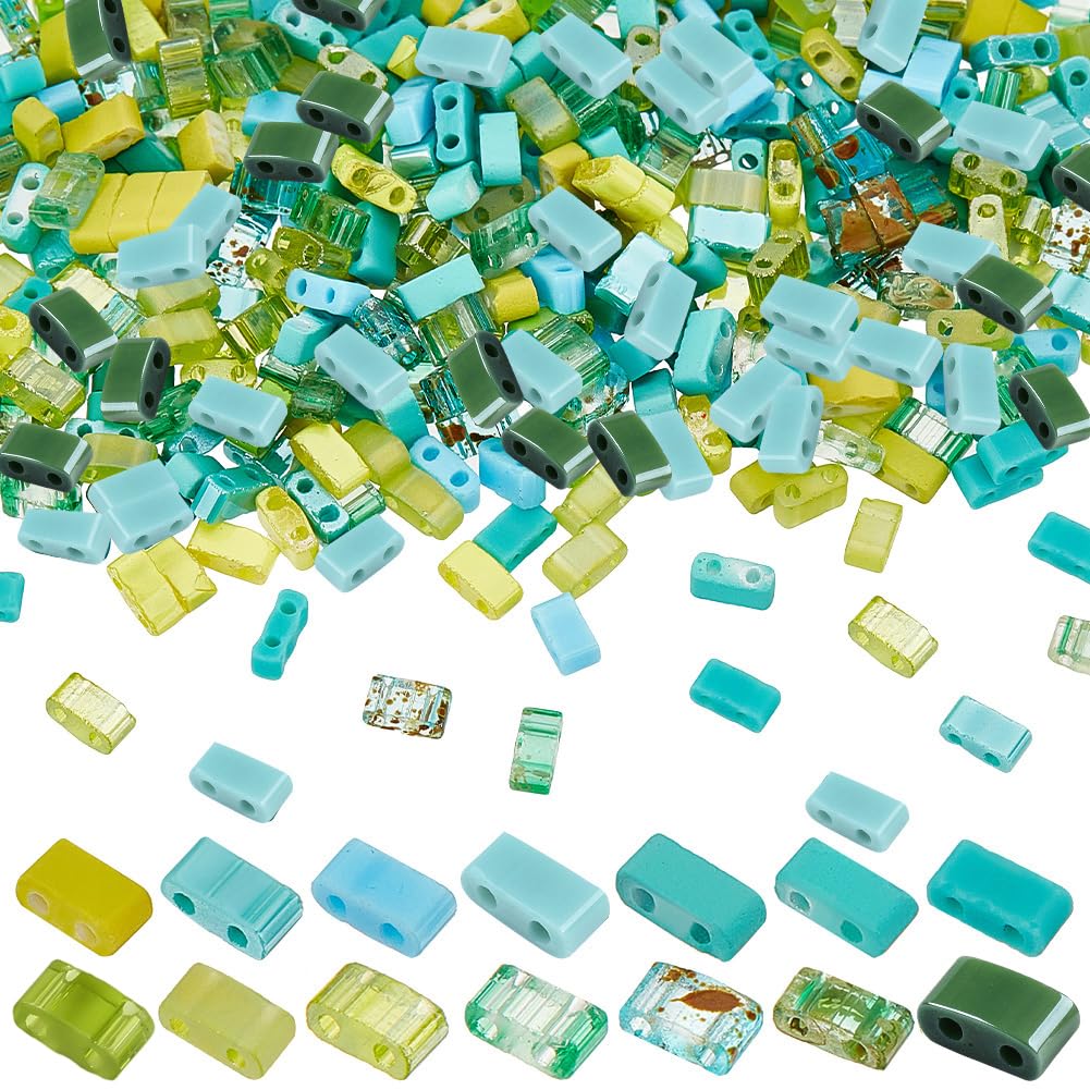 PH PandaHall 420pcs 14 Green Colours Half Tila Beads, 2-Hole Seed Beads Glass Spacers Square Carrier Bead Flat Rectangular Bead for DIY Bracelets Necklace Earrings Jewellery Making, 4.5~5.5x2mm