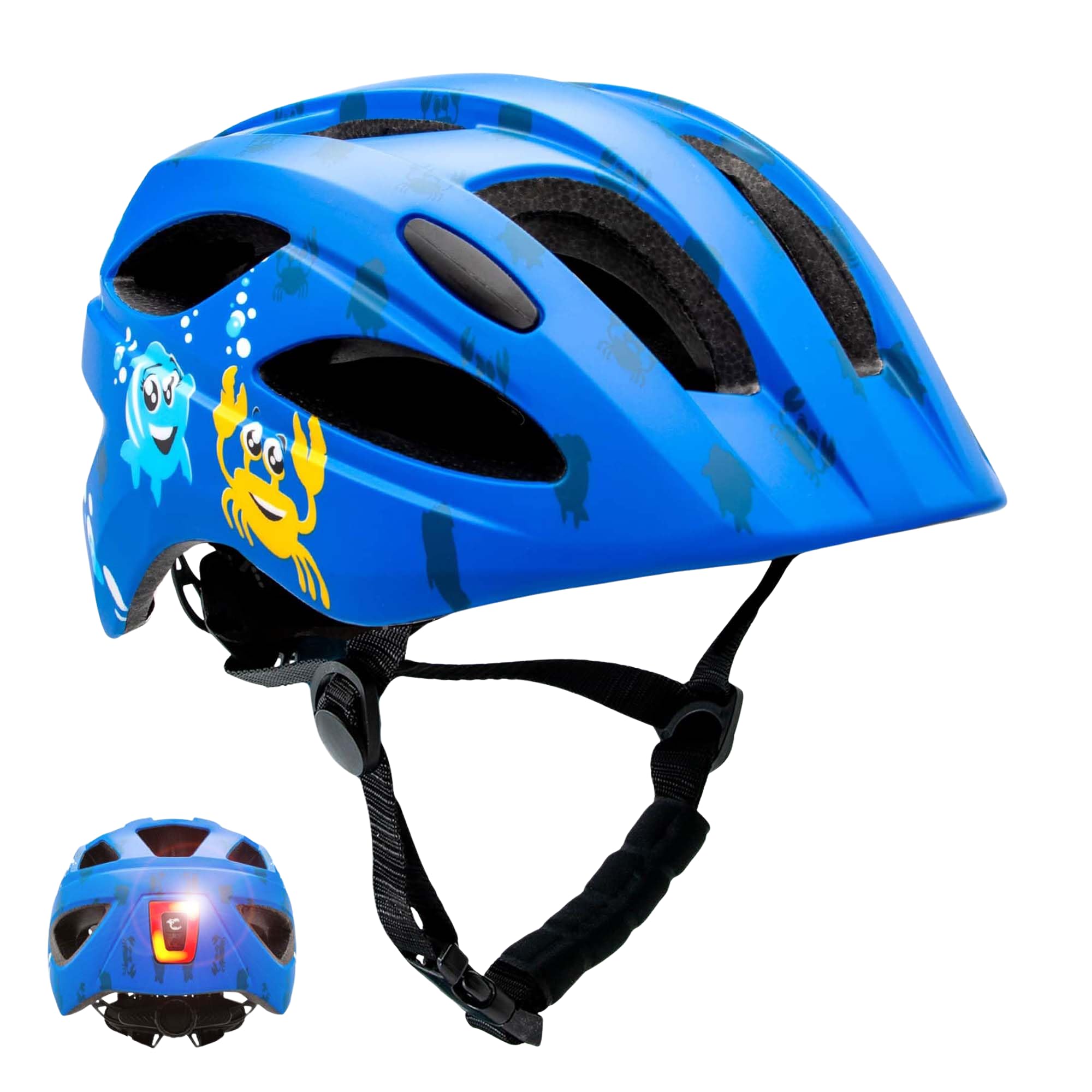 Crazy Safety Blue Sea Children's Bike Helmet | Bicycle helmet for children aged 6-12 years for bicycles, skateboards, mountain bikes, skates, USB rechargeable tail light |