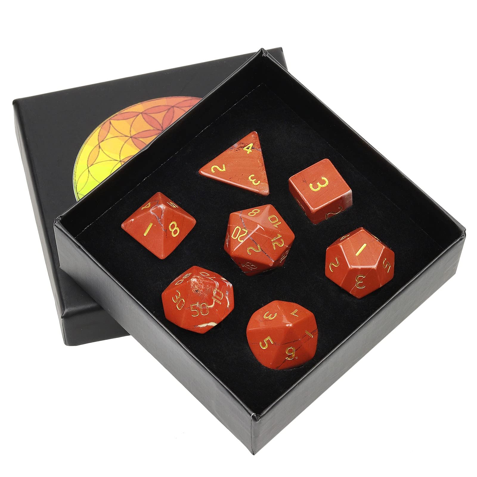 KYEYGWO Red Jasper Crystal Stone Polyhedral Dice Set, 7 Pieces Gemstone Dice for Dungeons and Dragons RPG DND, DND Gifts for Men Women