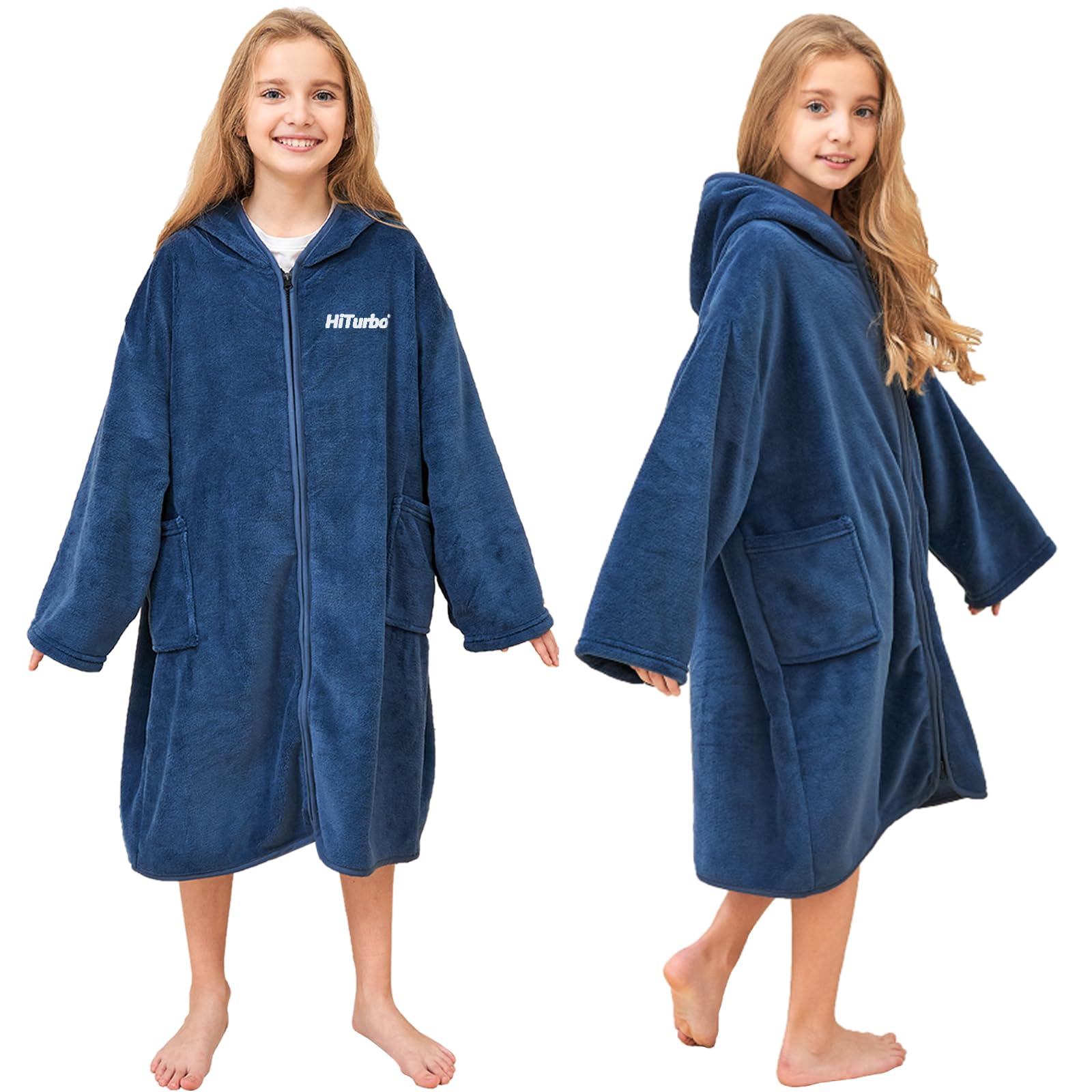 Photo 1 of Hiturbo Kids Bath Towel Hoodie: Soft Plush Zipper Surf Poncho - Warm Fleece Changing Towels Swimming Outerwear (Navy)
