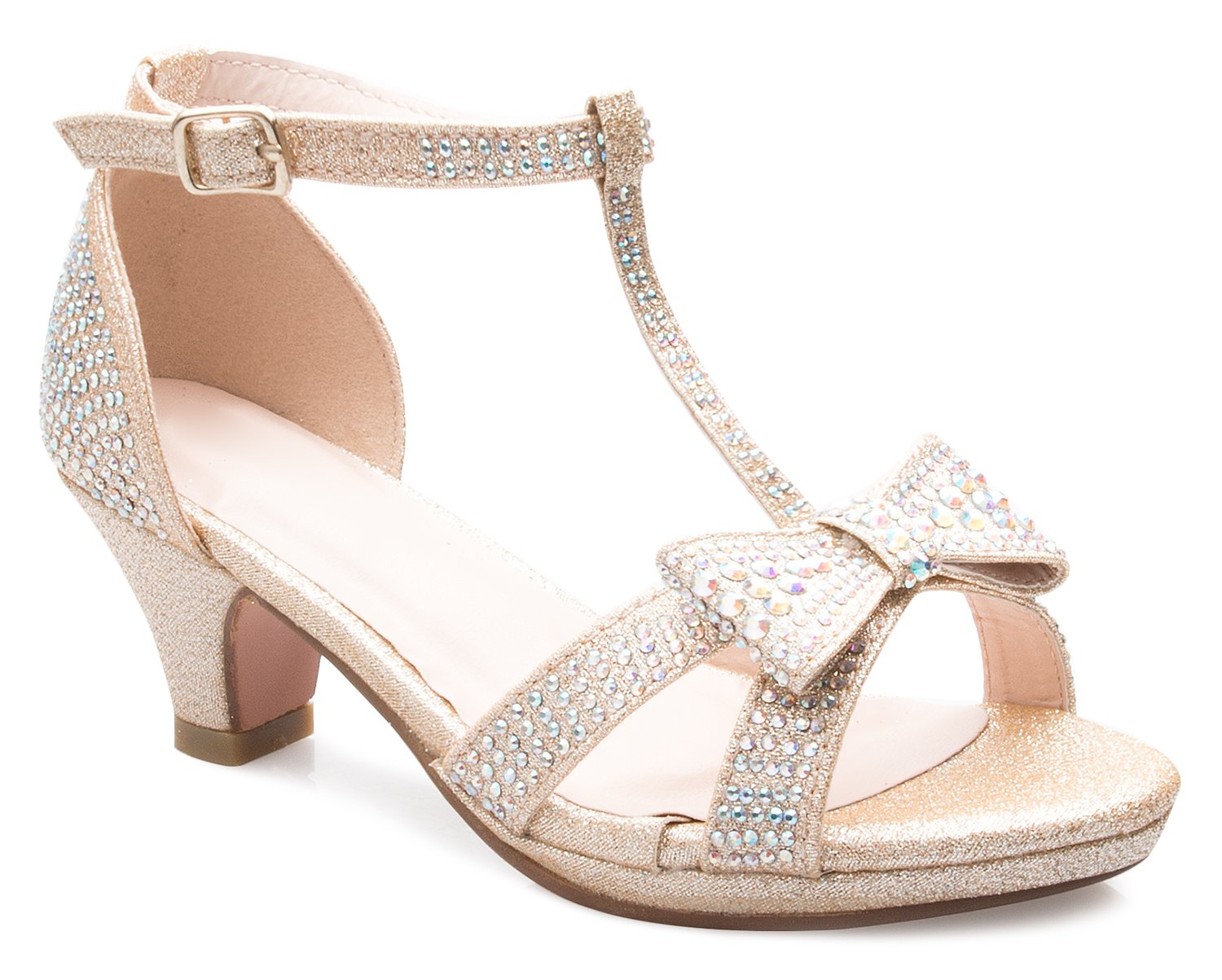 Photo 1 of Olivia K Girl's Glitter Leatherette Open Toe Strappy Ankle T Strap Kitten Heel Sandal (Toddler/Little Girl), Champagne Y1
