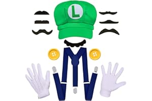 ratote Novelty Mari and Luigi Costume for Adult,Women and Men - Complete Halloween & Cosplay Accessory Set with Hat, Mustache, Gloves, Buttons, and Suspenders (Green)