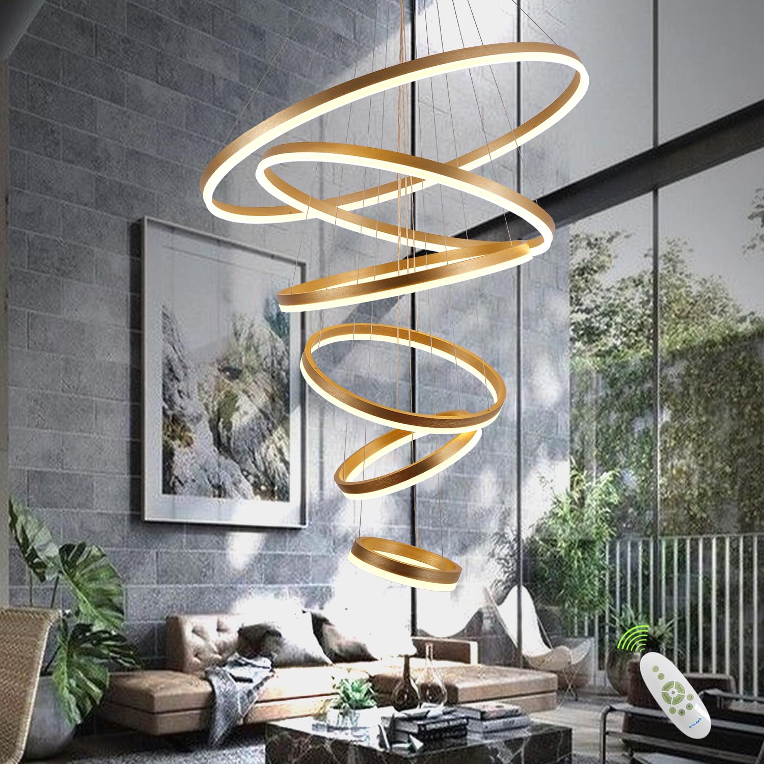 Modern Led Ring Chandelier Luxury Gold, Dimmable with Remote