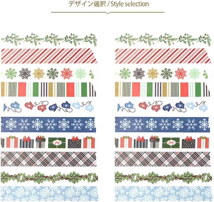 NibblesJerry Christmas Washi Making Tape Set of 10 Rolls(15mm X 5m) + 12 pcs Emoji Stickers, Gift Box,Candy Cane Stripes (Christmas)