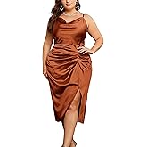 KIMCURVY Women's Plus Size Satin Dress Ruched Spaghetti Strap Cowl Neck Midi Party Cami Dress for Cocktail Party
