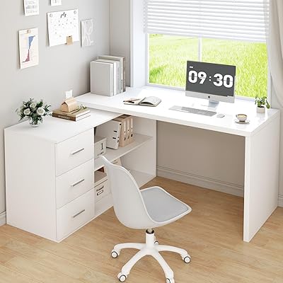 HSH Schreibtisch L Form Modern Eckschreibtisch Computertisch mit 3 Schubladen und 2 Regalen Wendbarer Eckschreibtisch mit Stauraum für Homeoffice Bürotisch Schreibtisch Weiß 140 cm