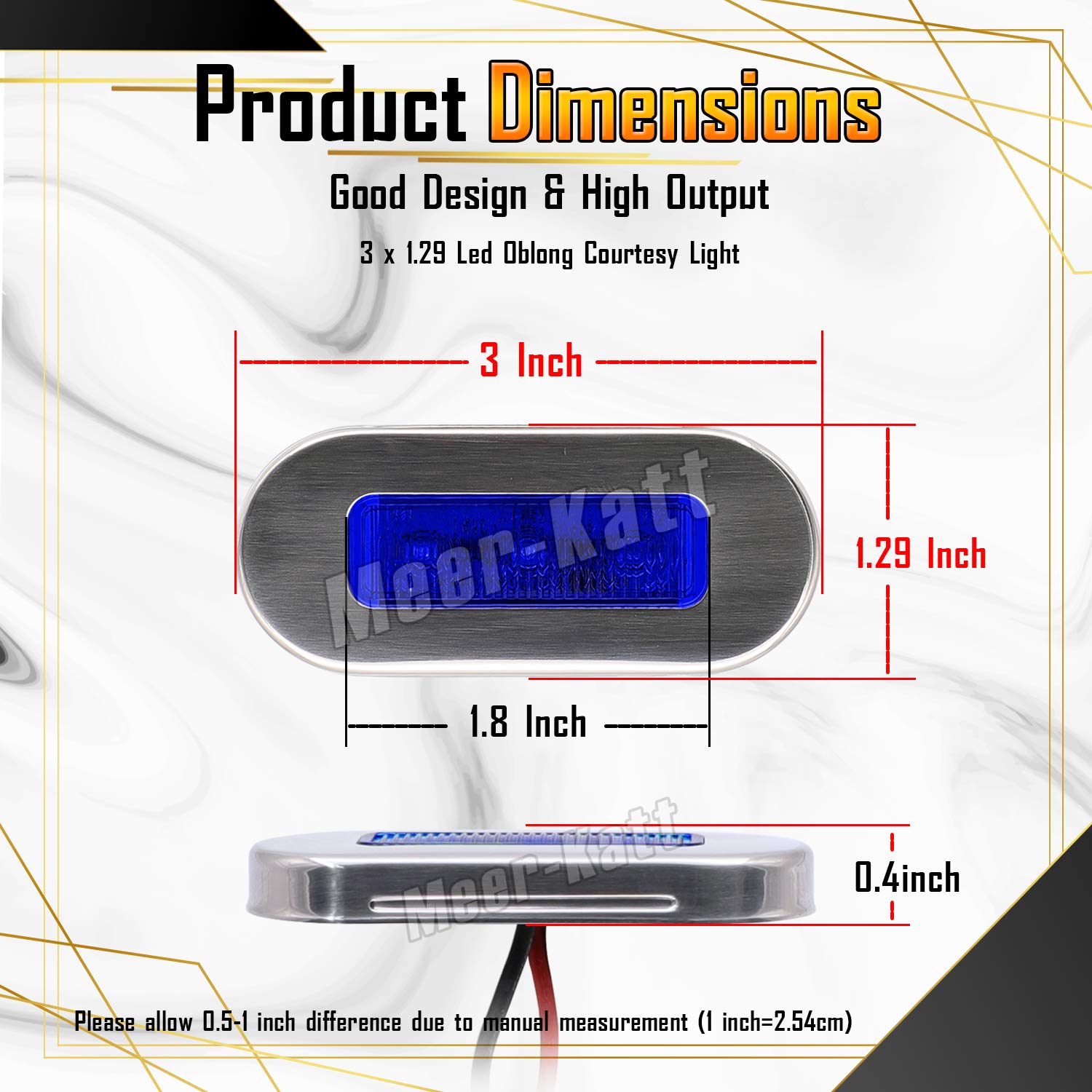 Meerkatt (Pack of 10) 3 Inch Oblong Amber LED Marine Courtesy Light Sealed Flush Mount Clearance Lamp for Yacht Stair Deck Garden Boat RV Cabin Truck Waterproof 12V DC with Chrome Stainless Bezel UV12