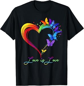 Rainbow Love is Love LGBT Gay Lesbian Pride Butterfly Heart T-Shirt