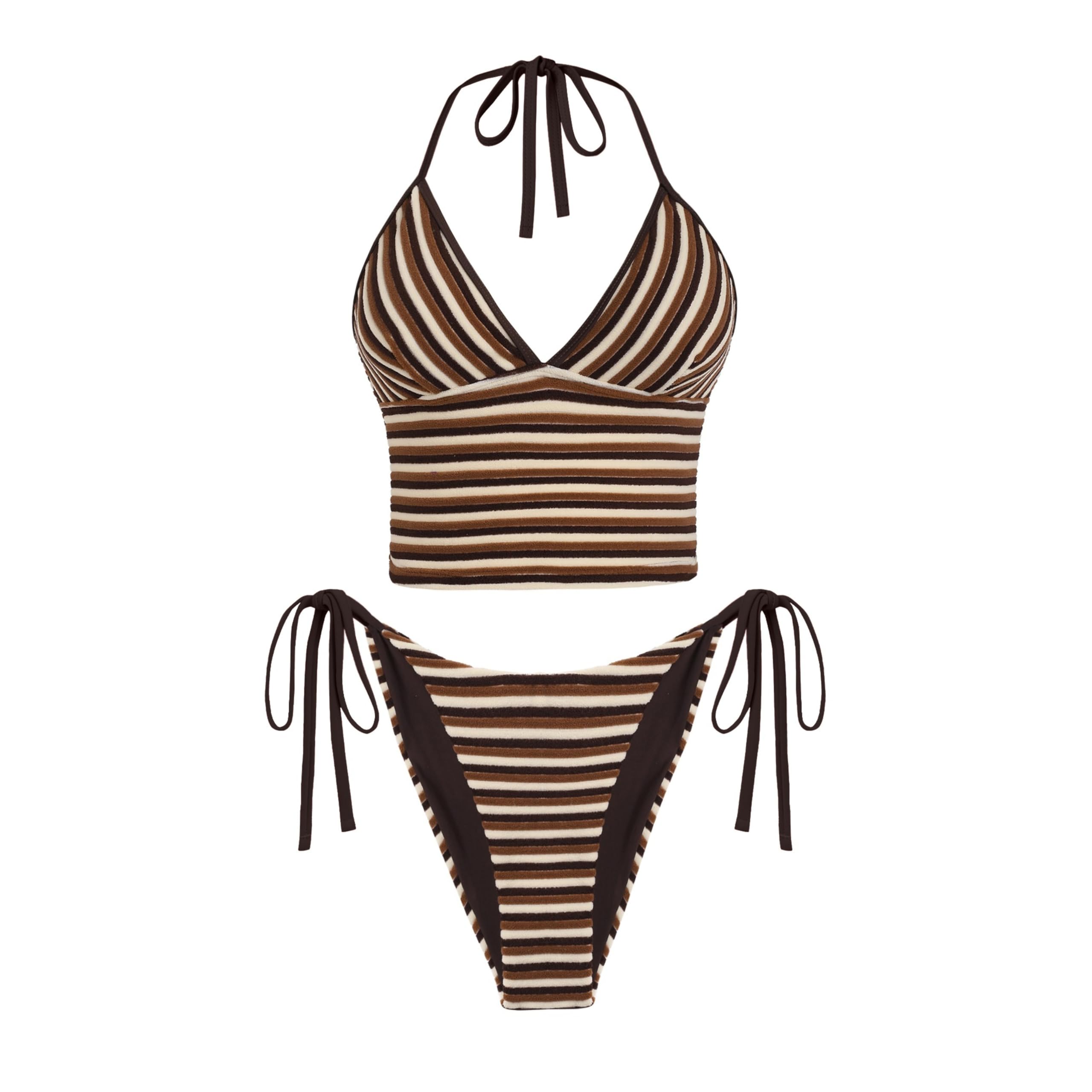 Photo 1 of ZAFUL Bathing Suit for Women Soft Terry Textured Tankini Set Striped Self Tie Thong Bikini Set Sexy Swimsuit Coffee Small