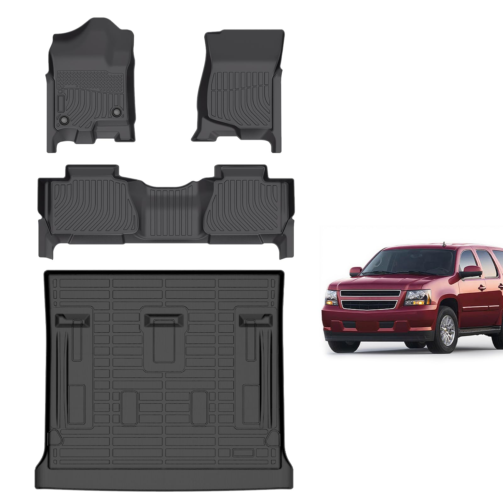 Para Chevy Tahoe 8 asientos (no para híbrido) y GMC Yukon Bench (no para XL) tapetes de piso 2007-2014, TPE Automotive All Weather Custom Car Floor Mats Cargo Liner Backrest Mats Juego completo de accesorios
