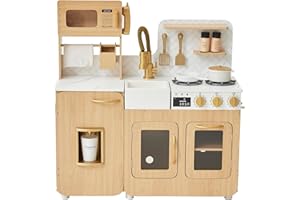 Teamson Kids Little Chef Cyprus Medium Wooden Play Kitchen with Interactive, Realistic Features, and 14 Kitchen Accessories for 3yrs and up, Light Oak/Faux White Marble/Gold