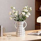 Black and White Checkered Ceramic Vase with Handles, Decorative Flower Vase for Dining Room Table Centerpiece, Wide-Mouth Vase for Pampas Grass, Window Sill Living Room Kitchen Home Décor