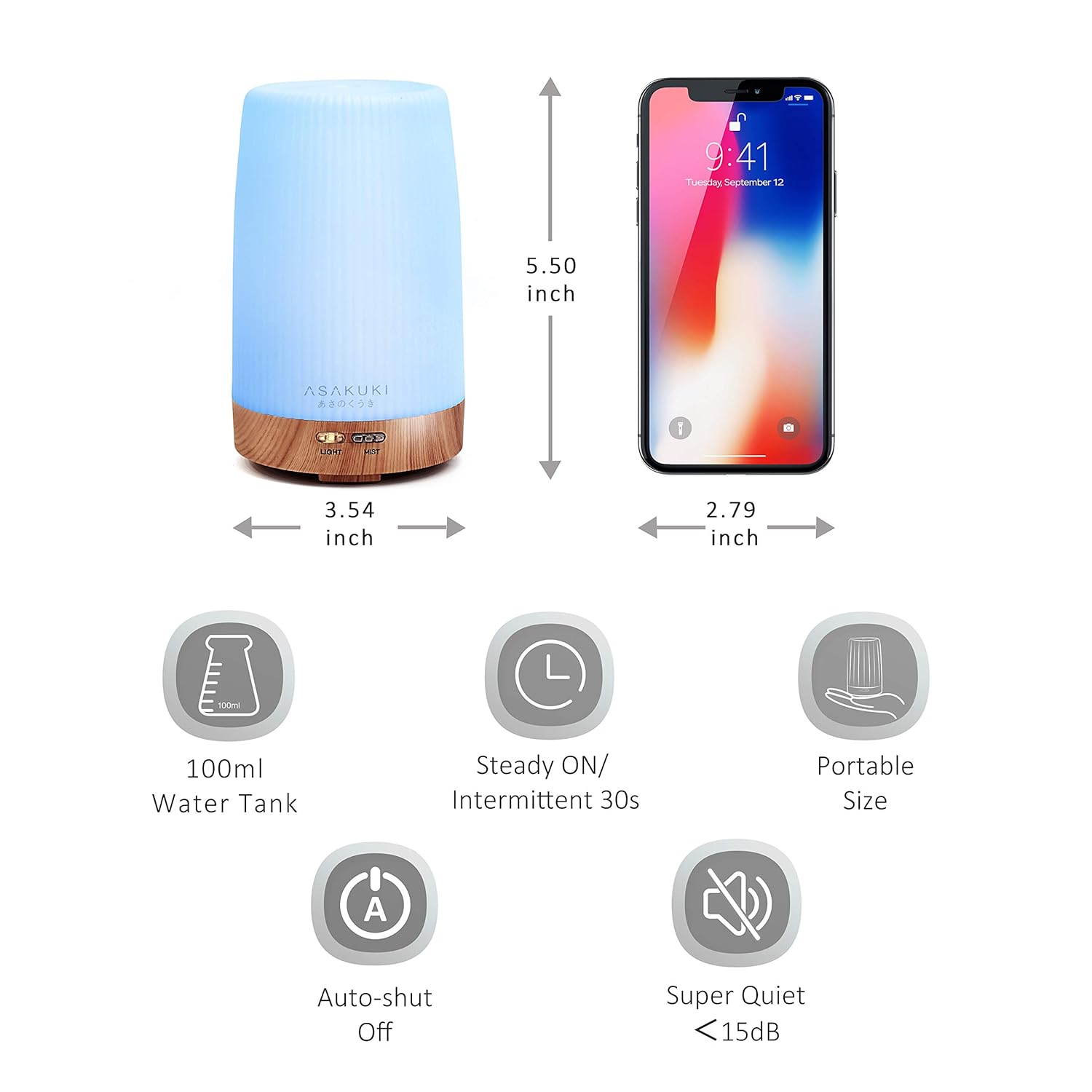 ASAKUKI Portable 100ml Essential Oil Diffuser, 5 in 1 Ultrasonic Aromatherapy Diffuser with Intermittent Mist, Humidifies The Air, Timer and Auto-Off Safety Switch : Beauty