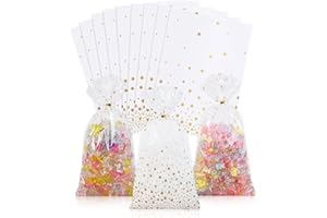 Docvania Cello Cellophane Treat Gift Bags Star Pattern Cookie Bags 100 pcs 6 X 11 Goodie Bag with Ties for Mother's Day, Valentine's Day and Parties, Weddings