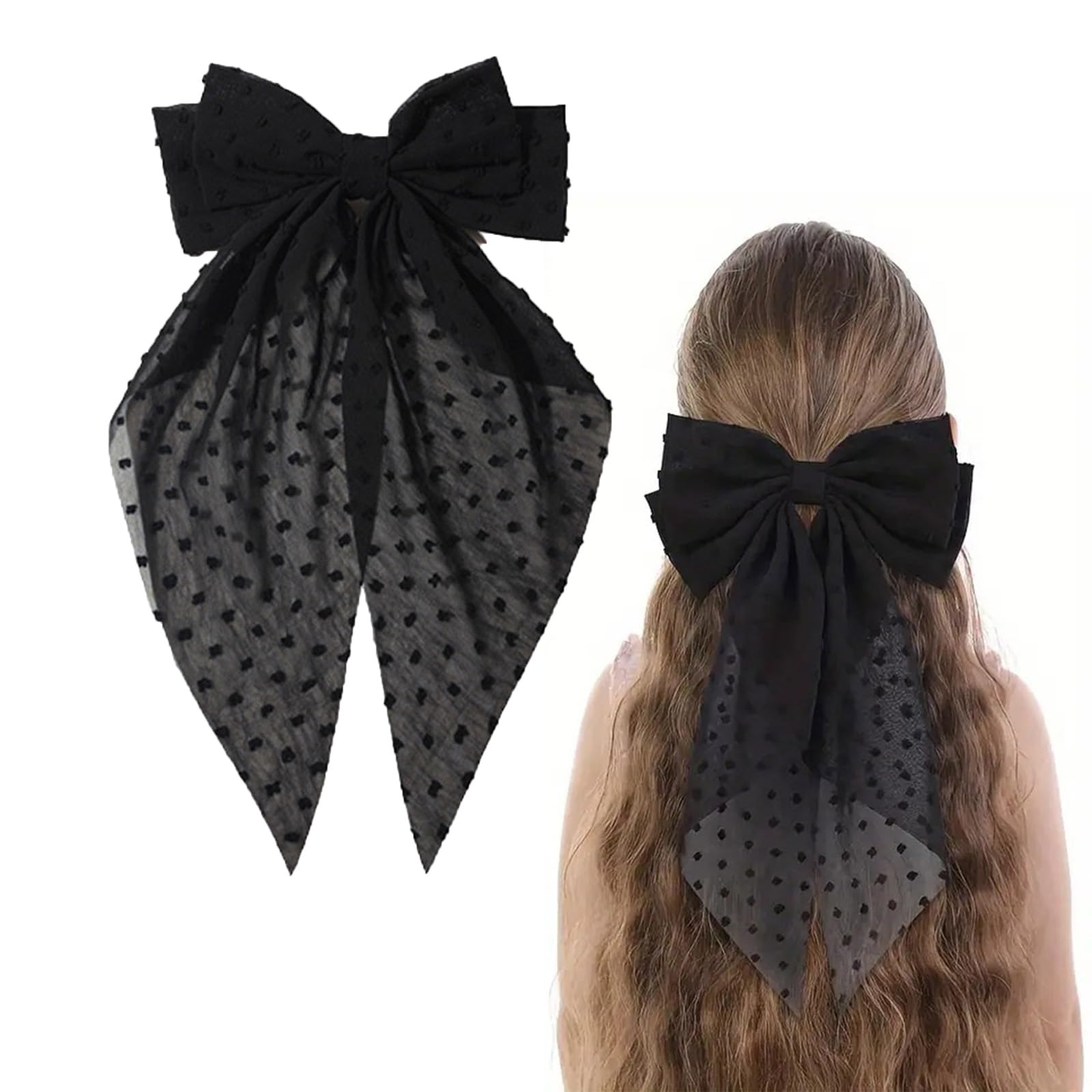 Ling & Bai 8 Inches Large Hair Bow Clip Big Long Tulle Layered Bows Barrettes Hair Accessories for Women Girls Teens (Black)