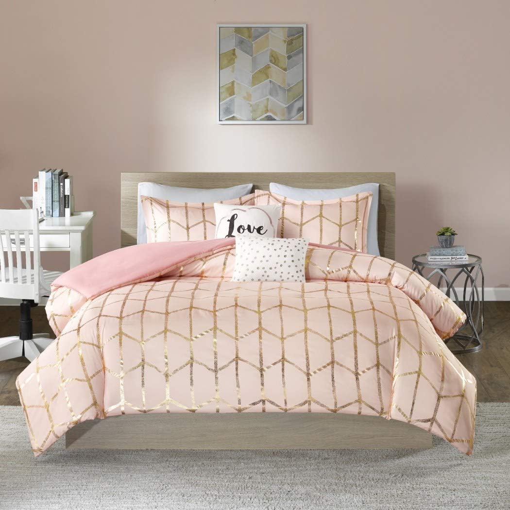 Unkk 5 Piece Blush Pink Metallic Gold Geometric Shape Duvet Cover Full Queen Set, Modern Chic Small Polkadot Honeycomb Themed Bedding, Contemporary Polkadot Trellis Line Scale Pattern, Polyester