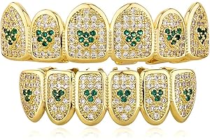 JINAO 18K Gold Plated Heart Grillz for Teeth with Iced Diamond CZ 6 Teeth for Men Women Rapper Costume Extra Molding Bars