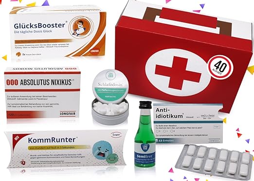 40. Geburtstag | Erste Hilfe Set Geschenk-Box, witziger Sanikasten | 8-teilig | Spaßgeschenk zum 40. Geburtstag
