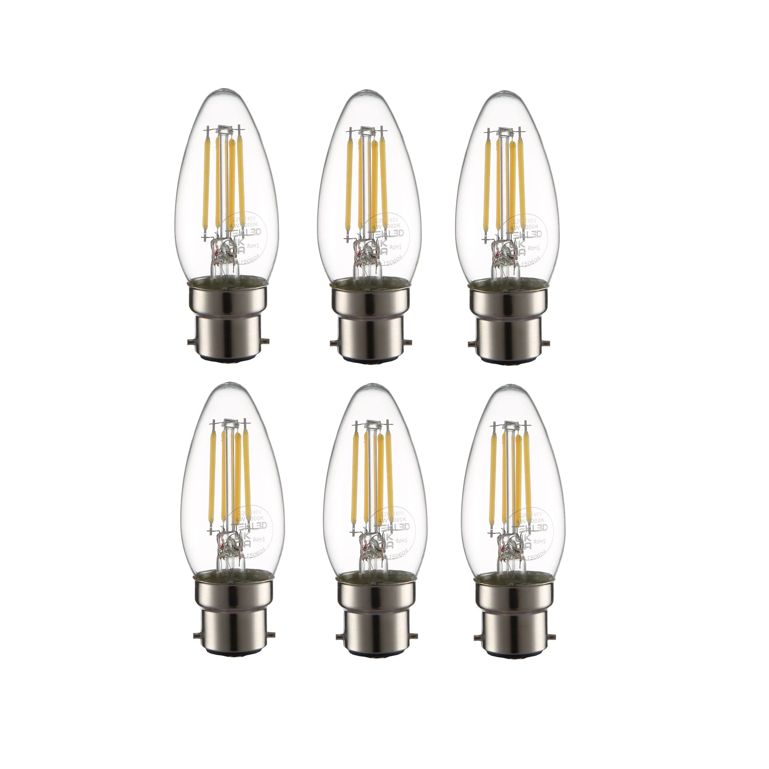 TEKLED® C35 Candle Filament Vintage LED Bulbs | B22 Bayonet Cap | Energy Saving 4W Light Bulb 40W Equivalent | NONDIMMABLE Clear 4000K 470LM | 6-Pack | Cool White