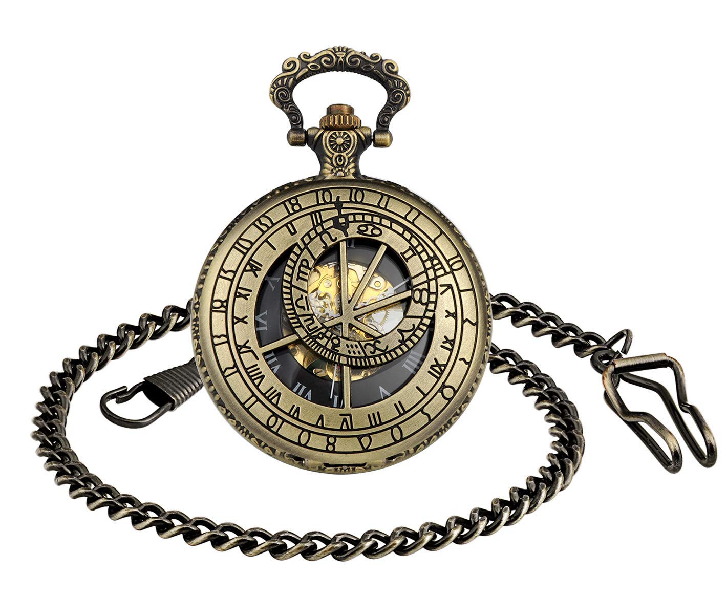 MICGIGI-Unisex Mechanical Hand-Wind Pocket Watch 12 Constellations Skeleton Pocket Fob Watches with Chain