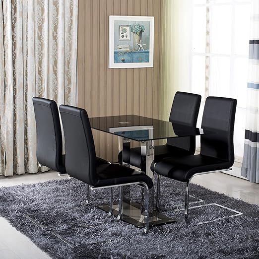 minifair Rechteck Glas Esstisch Set und 4 schwarz Stühle Kunstleder