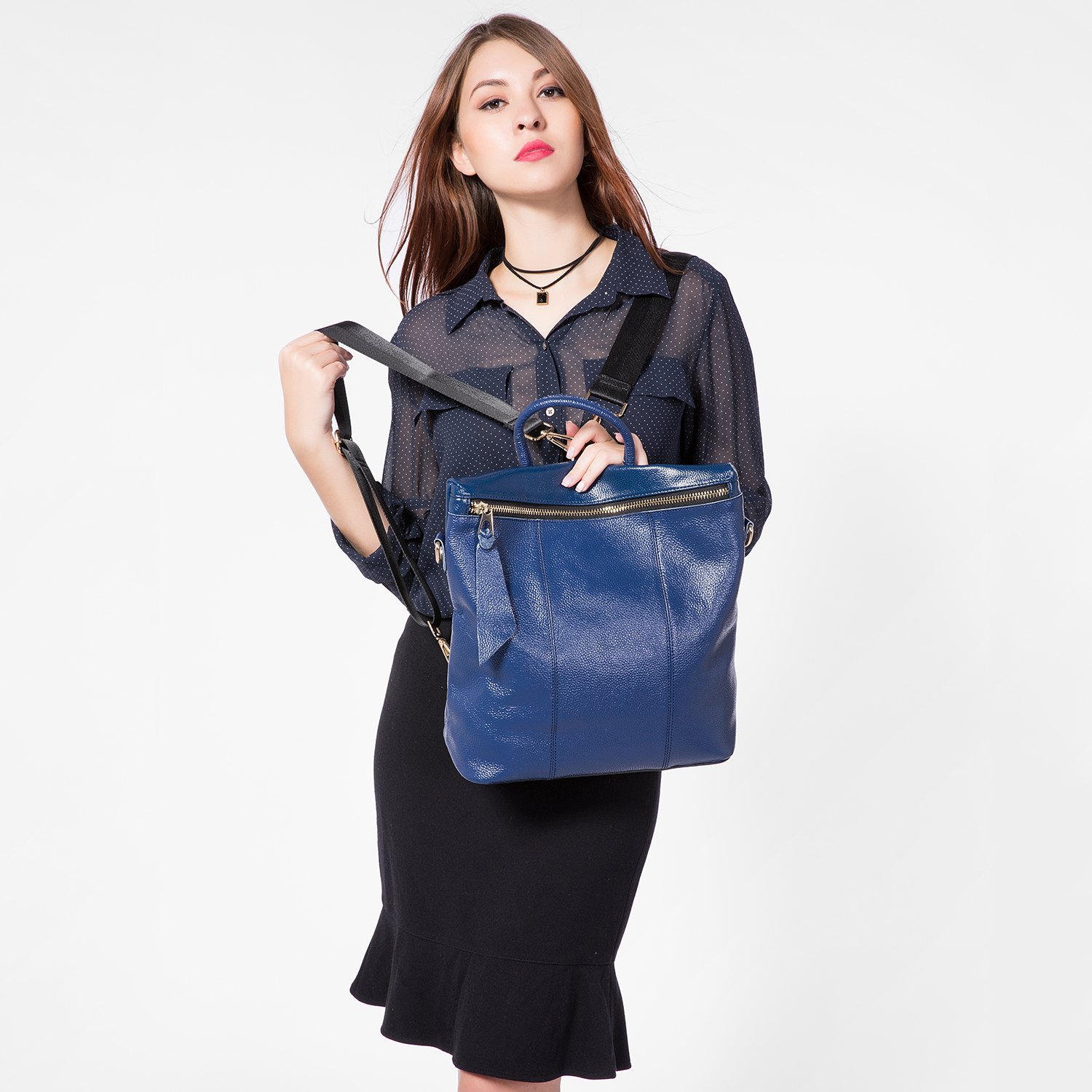 Sacs à Dos Femme en Cuir véritable Sac à Main Femmes Elégant Casual Cartable College Grande Mode Bleu