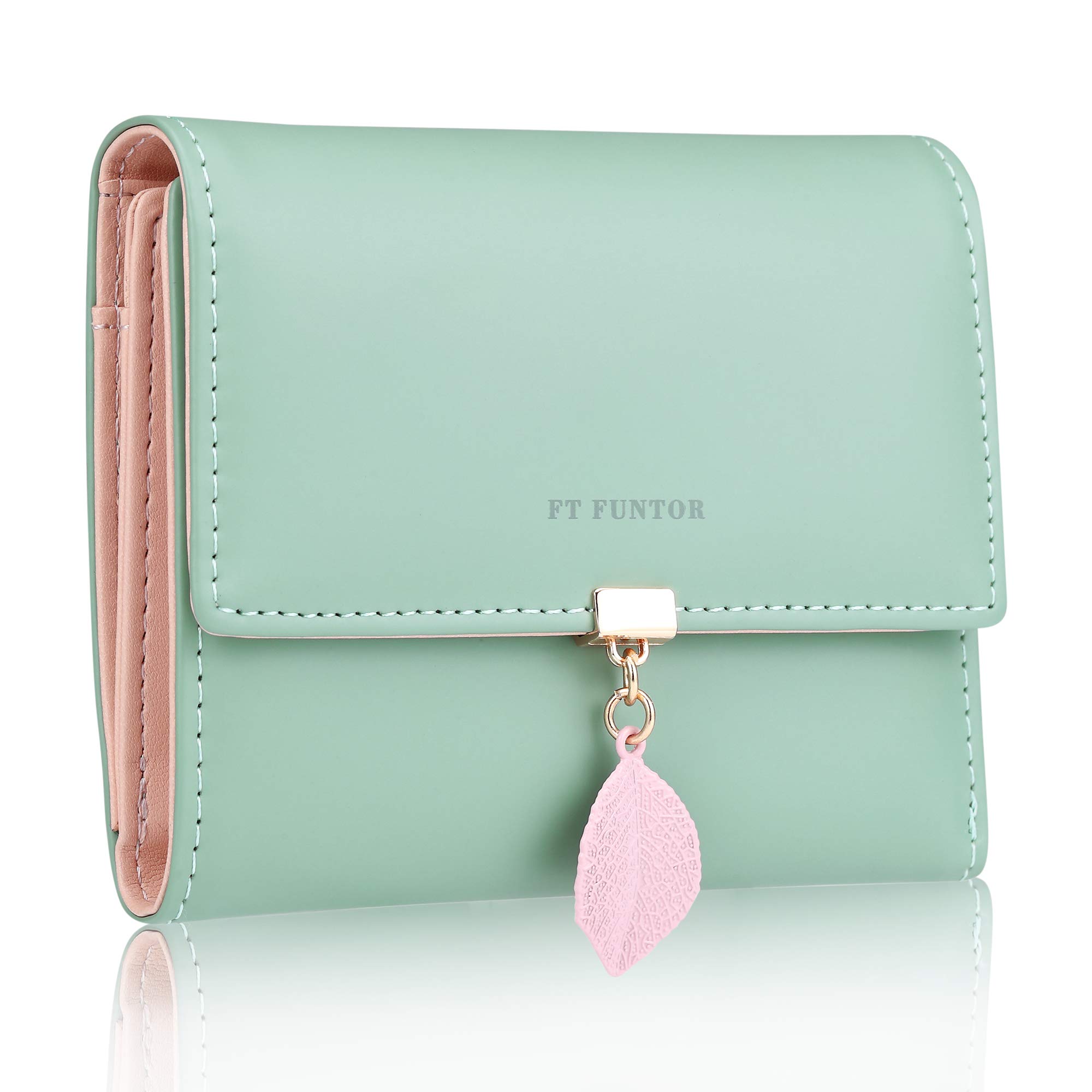 FT FUNTOR PU Leather Wallet for Women RFID-Blocking, Ladies Bifold Leaf Pendant Coin Zipper Small Purse with 5 Card Slots and 1 ID Window Card Holder Organizer (Green)