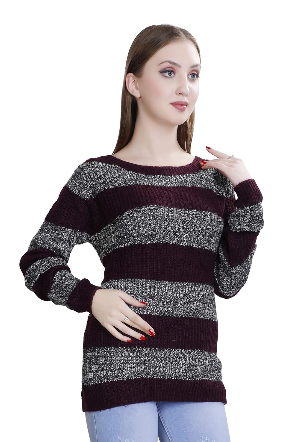 oleta- women's acrylic striped sweater/pullover with round neck purple