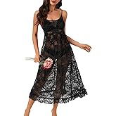Rooscier Women's Floral Lace See Through Sheer Spaghetti Strap Sleeveless Sexy Long Nightgown