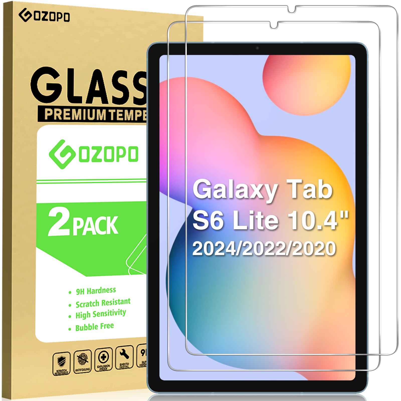 GOZOPO [2-Pack Screen Protector for Samsung Galaxy Tab S6 Lite 10.4" 2024/2022/2020 SM-P610/P615 9H HD Tempered Glass Film Samsung Tab S6 Lite 10.4