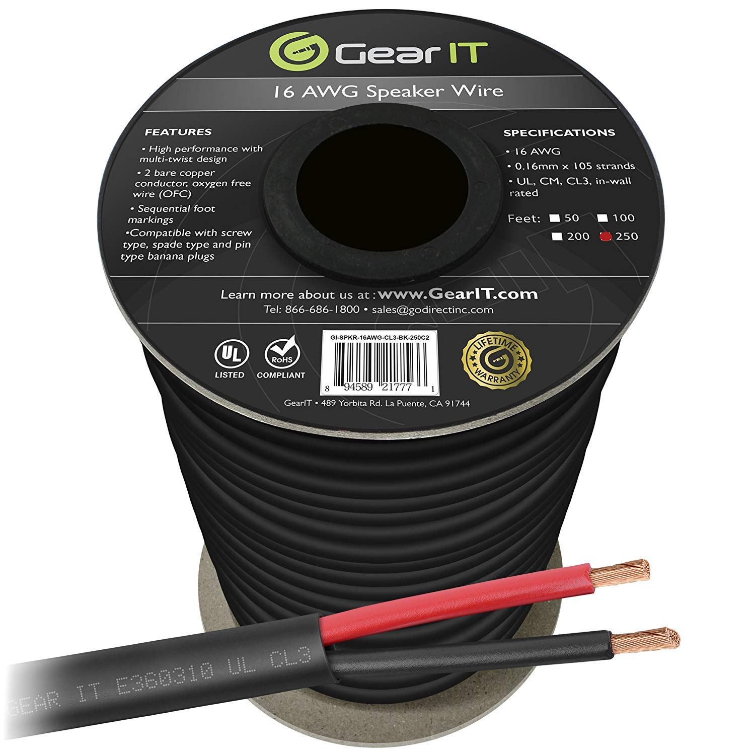 GEARit Outdoor Speaker Wire CL3 Rated, 16 Gauge Speaker Wire, Speaker Cable 250 ft for Outdoor Speakers, Patio, Garden, Backyard Audio, Direct Burial in Ground/in Wall, OFC (Black, 2-Conductors) Image