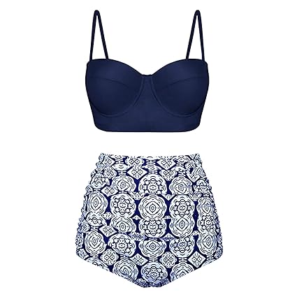 UPhitnis Damen Bikini Set Bademode Retro Stil Polka-Punkt Badeanzug mit Hoher Taille Backless Badebekleidung Strandmode
