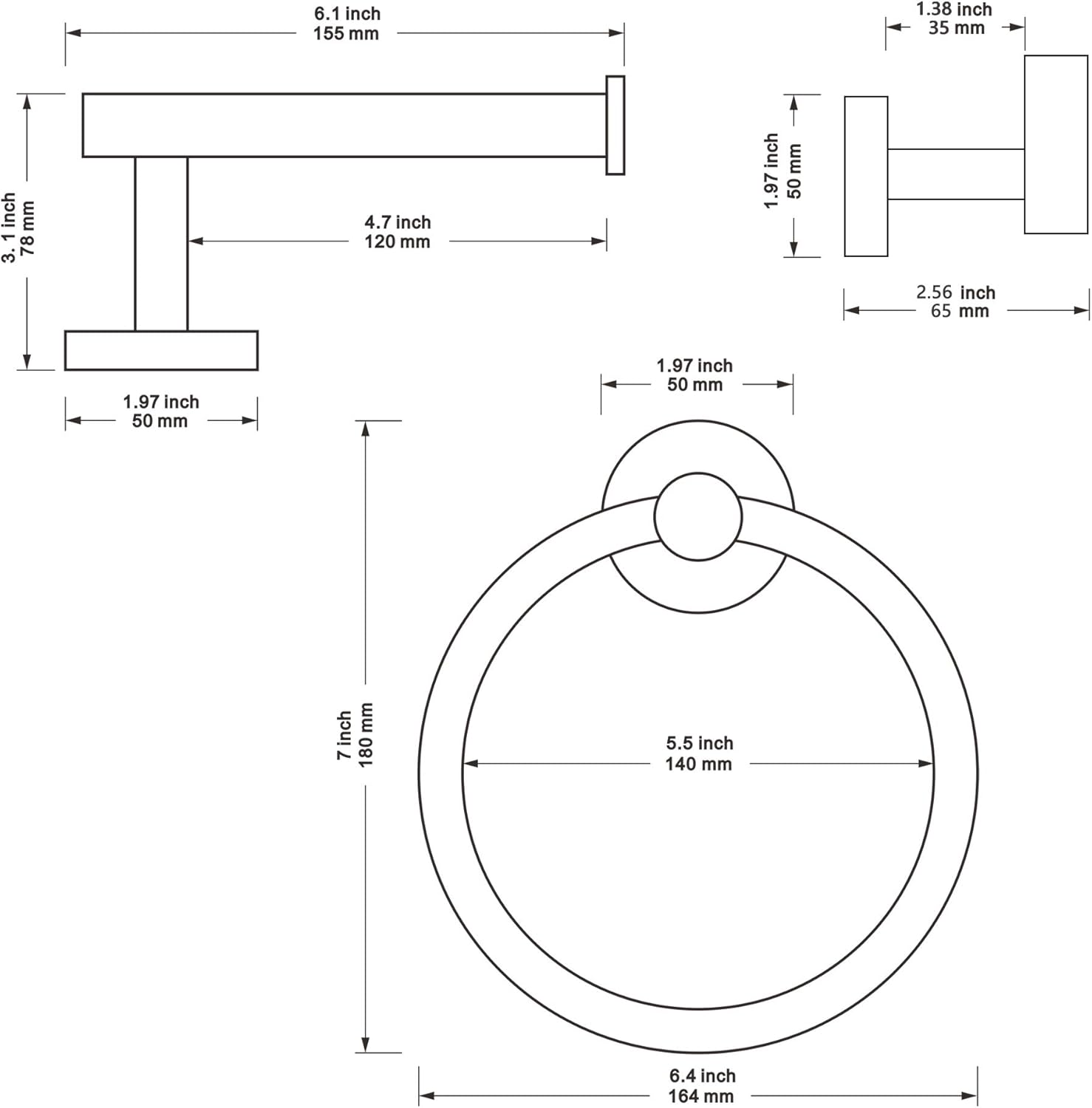 MARMOLUX ACC Chrome Bathroom Hardware Set 3 Piece-Robe Hook, Hand Towel Holder and Toilet Paper Holder, Wall Mounted Bathroom Fixtures, Towel Rack Towel Hanger SUS 304 Stainless Steel, Polished Chrome: Home & Kitchen