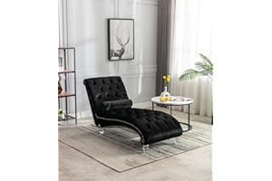 KINFFICT Velvet Chaise Lounge Chair with Toss Pillow, Modern Tufted Button Lounge Chair with Acrylic Legs, Upholstered Indoor Sleeper Chair for Living Room, Bedroom, Black