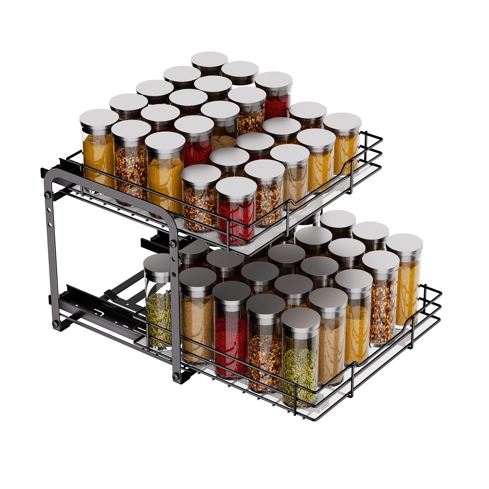 MAYZOLOP Extendable Spice Rack, Cabinet Organizer, 2-Tier Storage, Top and Bottom Baskets Pull-Independent, Height Adjustable
