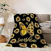 YeeJu Sunflower Throw Blanket Yellow Floral Butterfly Throw Blanket for Couch Sofa Bed Soft Gift for Women Fuzzy Plush Fleece Blankets Black Spring Summer Flower Decorations Blanket 50x60