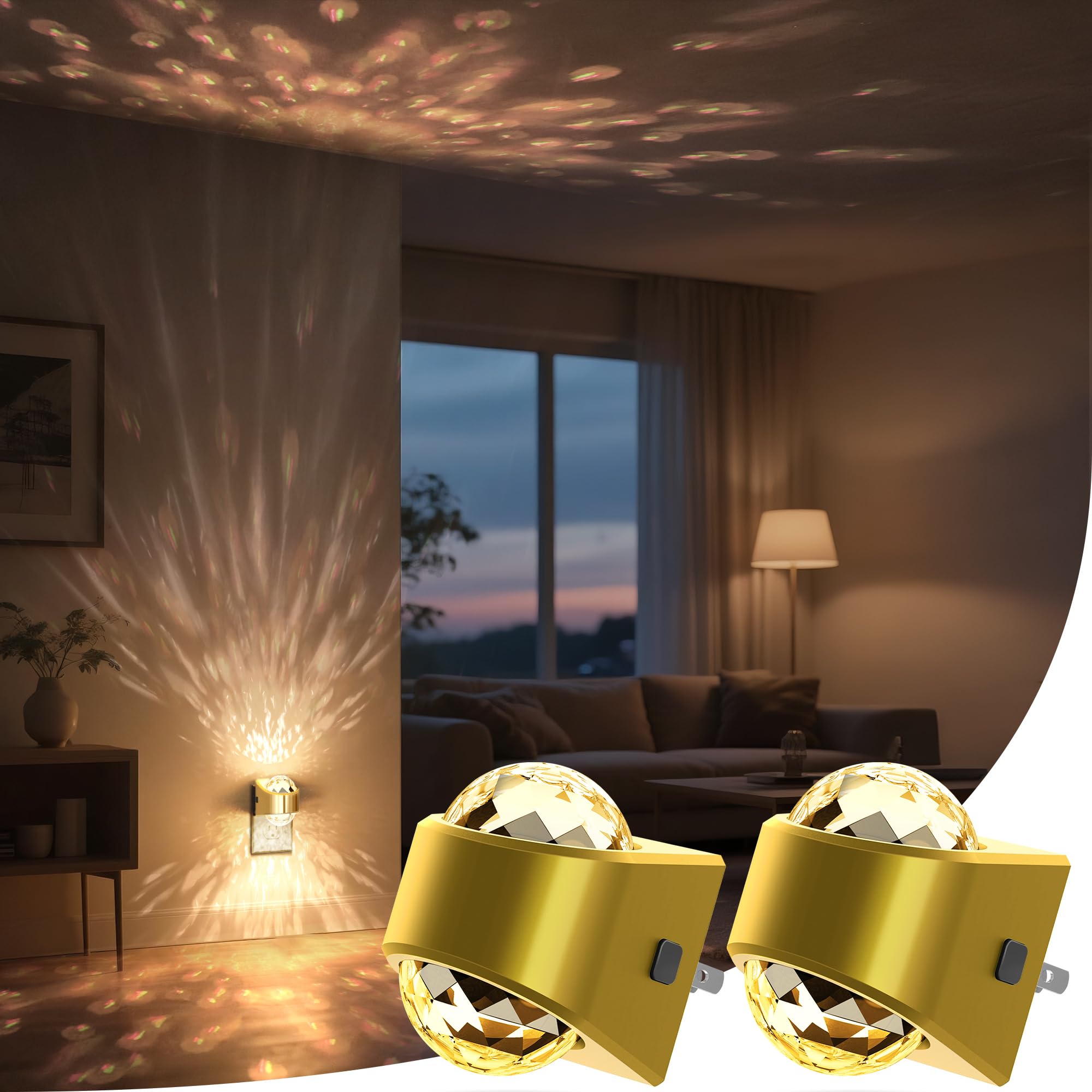 Briignite Night Light, Gold Night Lights Plug into Wall 2 Pack, LED Projector Night Light, Soft White for Bedroom, Dimmable Brightness Dusk to Dawn Nightlight for Bathroom, Gaming Room, Home Decor Image