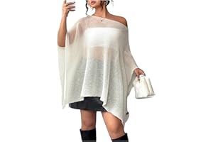Floerns Women's Plus Size Sheer Poncho Top Long Sleeve Crochet Knitted Off The Shoulder Cover Up Tops