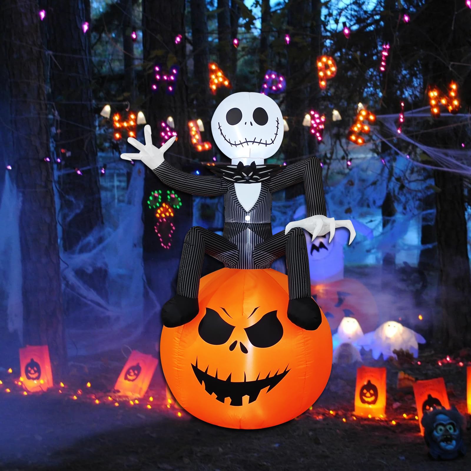 Photo 1 of 6FT Halloween Outdoor inflatables Decorations,Blow Up Skeleton & Pumpkin Decor, Built-in LED Lights,for Indoor Outdoor Yard Lawn Garden Halloween Party Decoration