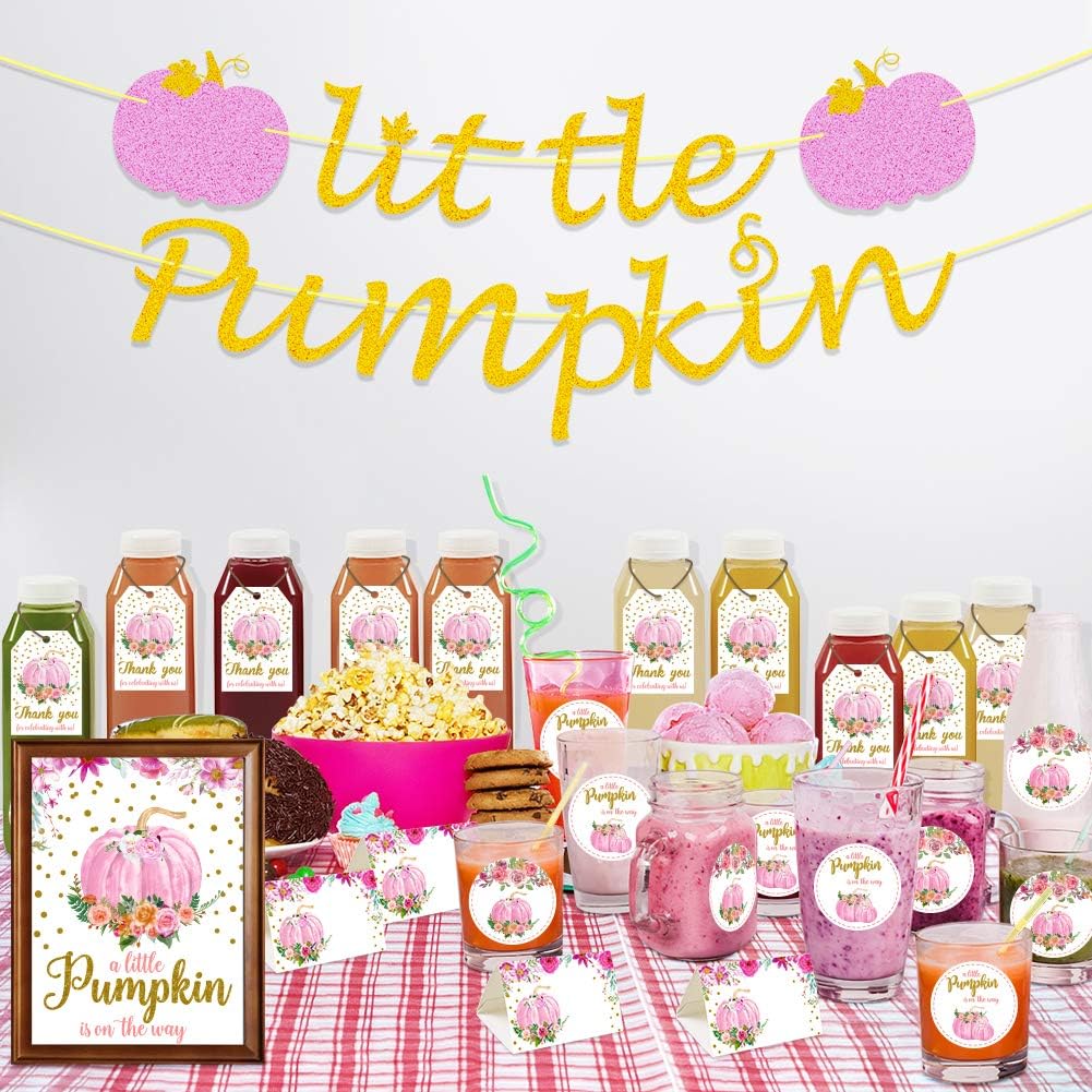 K KUMEED Little Pumpkin Baby Shower Decoration Kit, Little Pumpkin Banner, Welcome Sign, Tent Cards, Pumpkin Stickers, Pumpkin Favor Tags With String for Thanksgiving Floral Fall Autumn Decorations