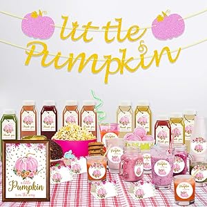 K KUMEED Little Pumpkin Baby Shower Decoration Kit, Little Pumpkin Banner, Welcome Sign, Tent Cards, Pumpkin Stickers, Pumpkin Favor Tags With String for Thanksgiving Floral Fall Autumn Decorations